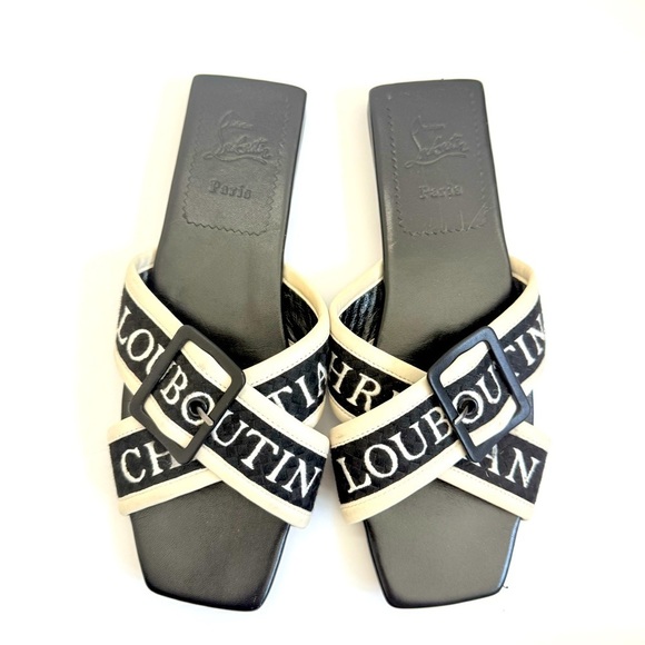 Christian Louboutin Black white leather criss cross Logo Crossimule slides EU 40 - Picture 3 of 12